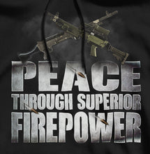 Load image into Gallery viewer, Peace Through Super Firepower Machine Gun C6 C9 Hoodie