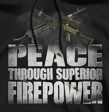 Load image into Gallery viewer, Peace Through Super Firepower Machine Gun C6 C9 Hoodie
